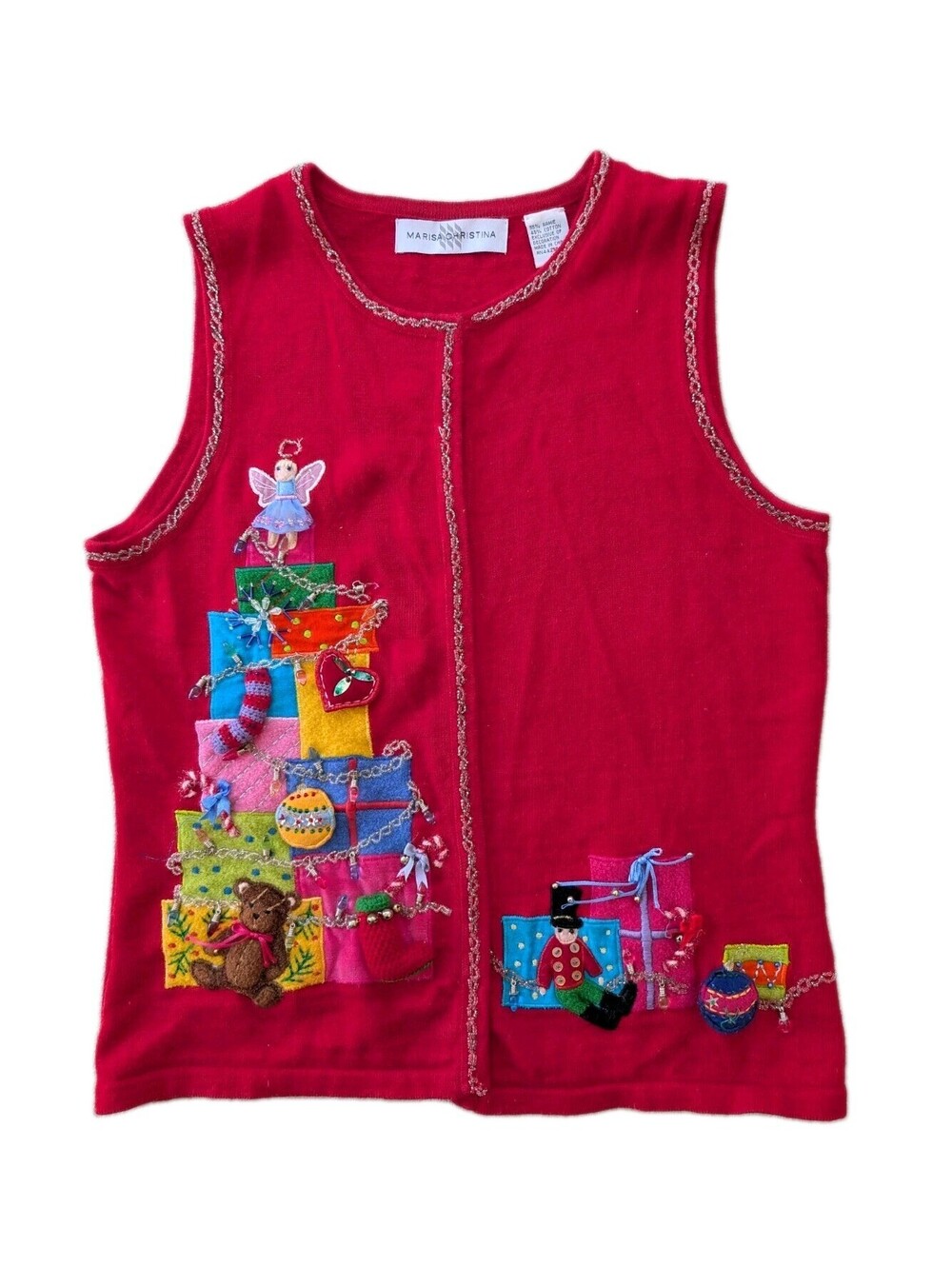 Marisa Christina Christmas Sweater Vest S Red Beaded Applique Teddy Bear Angel